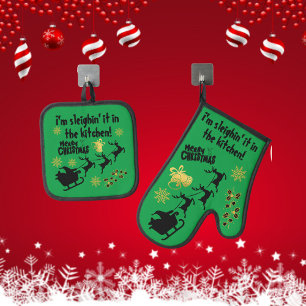 Ich bin leichtsinnig in der Küche! Weihnachtsgrün  Ofenhandschuh & Topflappen-Set