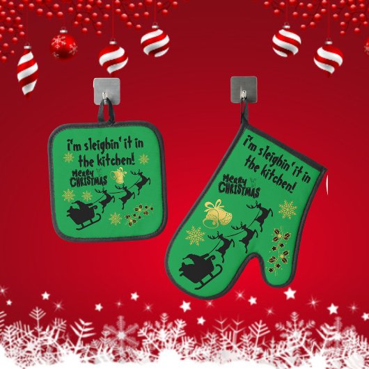 Ich bin leichtsinnig in der Küche! Weihnachtsgrün  Ofenhandschuh & Topflappen-Set