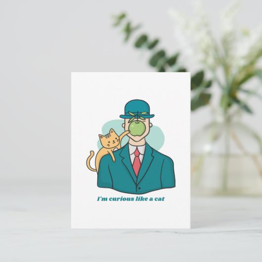 Ich bin neugierig wie eine Katze mit einem grünen Postkarte (Stehend Vorderseite)