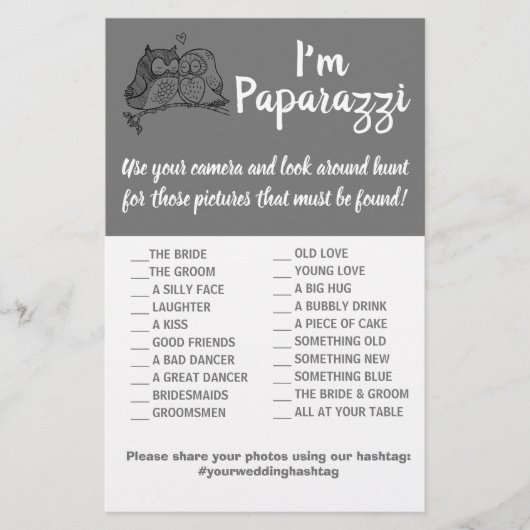 Ich bin paparazzi Game Card Owls Liebe Hochzeit Flyer (Vorne)
