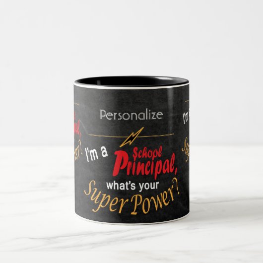 Ich bin Schuldirektor. Was ist dein Super-Power? Zweifarbige Tasse (Mittel)