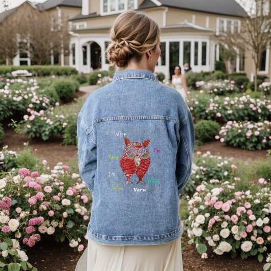 Ich bin sehr weise funky rote Eule Jeansjacke (Hochzeit Rückseite)