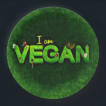 Ich bin Vegan mit einer grasbewachsenen Naturstruk Pappteller<br><div class="desc">Ich bin vegan in hellgrün auf einer dunkelgrünen Leinwand wie Hintergrund geschrieben. Das Wort vegan ist mit einer grünen grasähnlichen Textur geschrieben. Kleine naturbezogene Ladybugs,  Gänseblümchen und Blätter schmücken die Worte.</div>