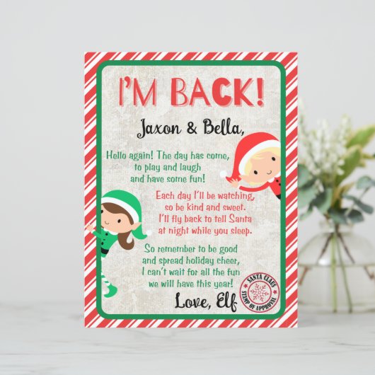Ich bin zurück Weihnachts-Elf Ankunftsbrief (Stehend Vorderseite)