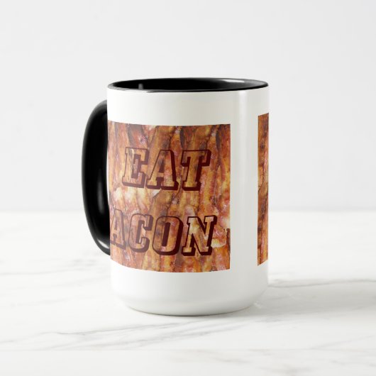 Ich esse Bacon Text mit Hintergrund Tasse (Vorderseite Links)