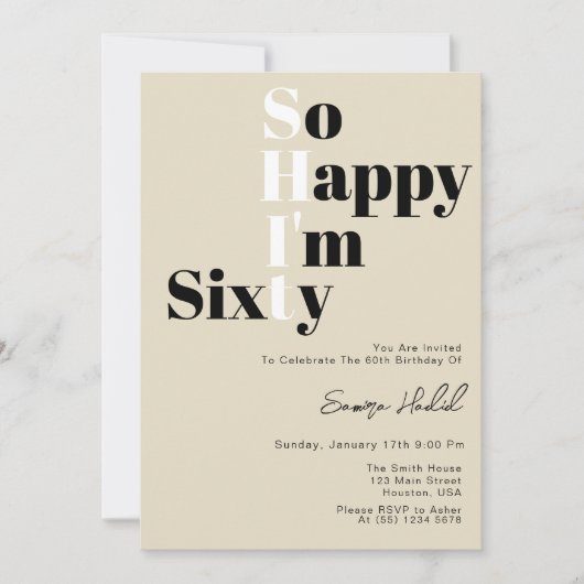 Ich freue mich, dass ich sechzig Fett Beige 60. Ge Einladung (Vorderseite)