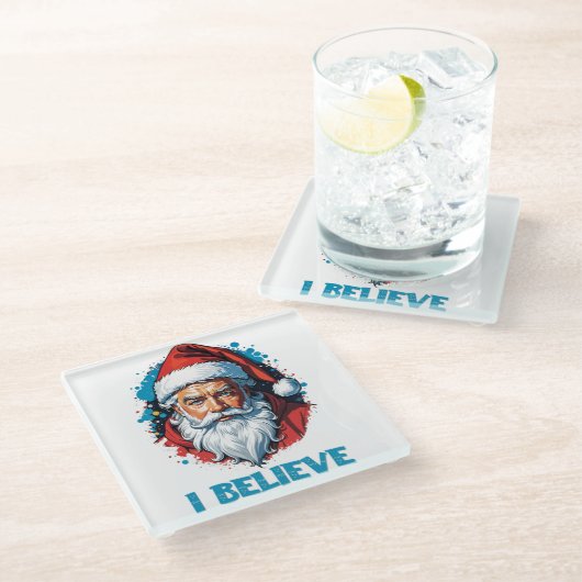 Ich glaube an das Design des Santa Claus Graffiti. Glasuntersetzer (Schrägansicht)