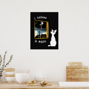 Ich glaube an Magie Vintage Linolschnitt Weiße Kat Poster