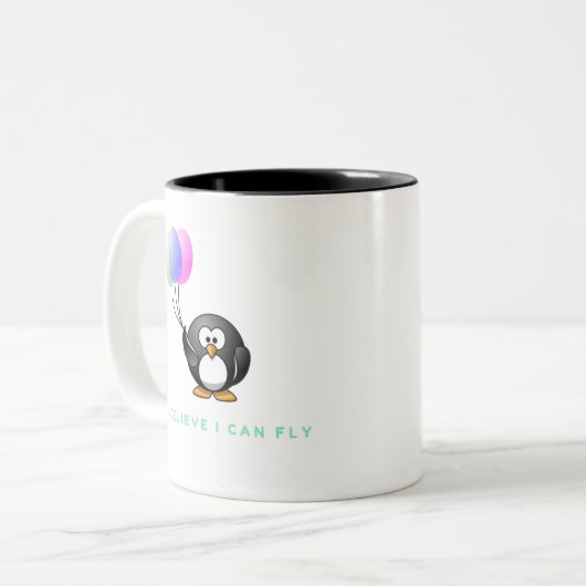 Ich glaube, dass ich Pinguin mit Ballonen fliegen Zweifarbige Tasse (Vorderseite Links)