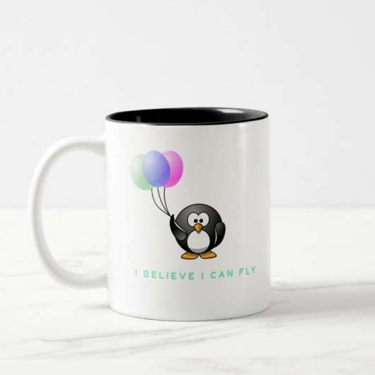Ich glaube, dass ich Pinguin mit Ballonen fliegen Zweifarbige Tasse (Links)