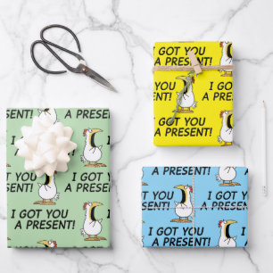 ICH HAB DIR EIN GESCHENK BESORG! schreiendes Huhn Geschenkpapier Set