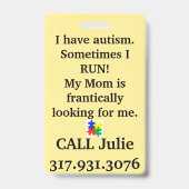 Ich habe Autismus manchmal RUN - ID Abzeichen Call Ausweis (Rückseite)