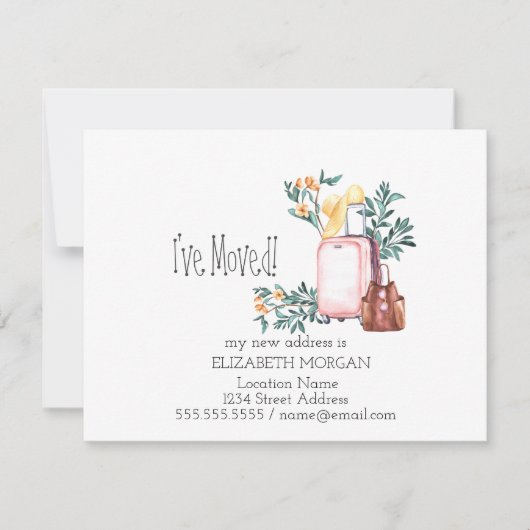 Ich habe mich umgezogen, Koffer, Blume neue Adress Ankündigung (Vorderseite)