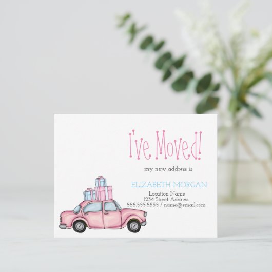 Ich habe rosa Auto verschoben präsentiert neue Adr Ankündigungspostkarte (Stehend Vorderseite)