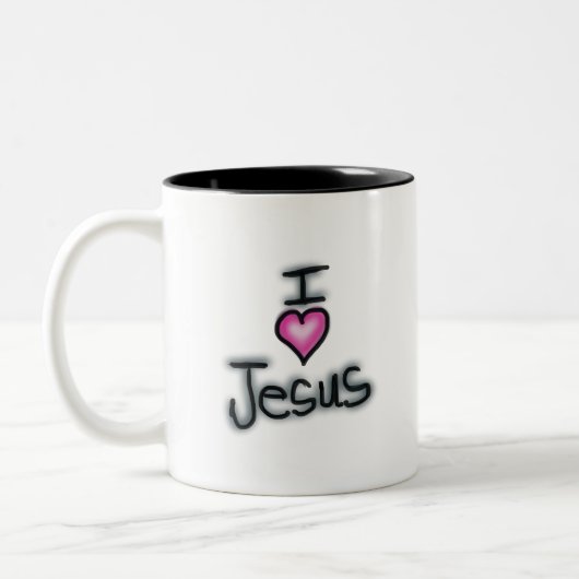 Ich hebe Jesus I Liebe Jesus mit rosa Herz Zweifarbige Tasse (Links)