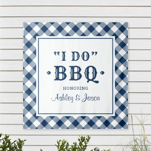 Ich heirate BBQ Navy Gingham Hochzeitskulisse Wandteppich