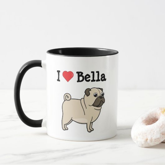 Ich "Herz" meine Mops- und individuelle Name-Kaffe Tasse (Mit Donut)