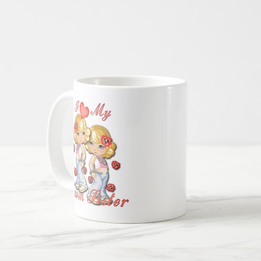 Ich (Herz) meine Schwester Kaffeetasse (Vorderseite Links)
