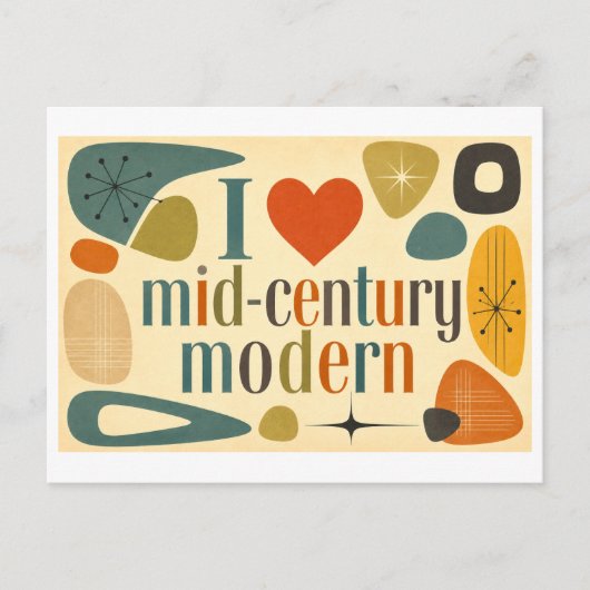 "Ich [Herz] Mid-Century Modern" Postkarte (Vorderseite)