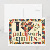 "Ich [Herz] Patchwork-Quilts" Postkarte (Vorne/Hinten)
