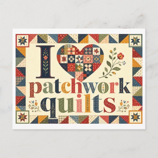 "Ich [Herz] Patchwork-Quilts" Postkarte (Vorderseite)