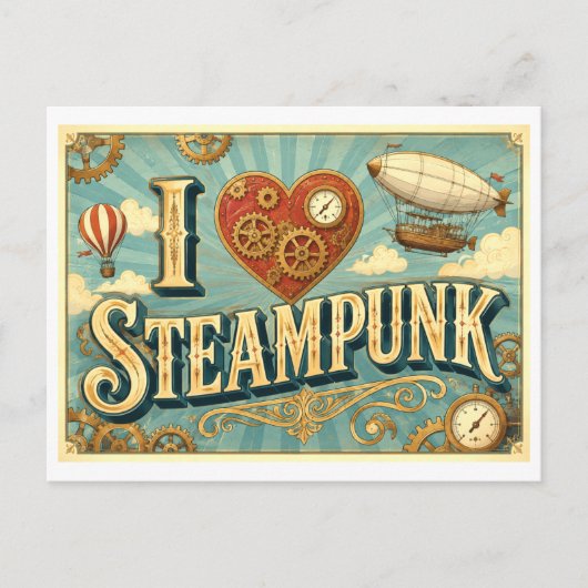 "Ich [Herz] Steampunk" Postkarte (Vorderseite)