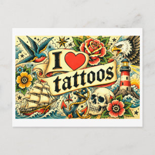 "Ich [Herz] Tattoos" Postkarte