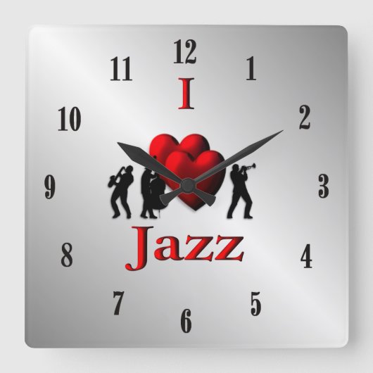 Ich höre Jazzmusik Silver w Black Numbers Quadratische Wanduhr (Vorderseite)