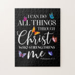 Ich kann alles durch Christus Schmetterlingskunst  Puzzle<br><div class="desc">Bible Scripture Inspiration ist Ihre mit diesem positiven Denken Vers von Philipis 4:13 - Ich kann alles durch Christus tun,  der mich stärkt. Ideal für Katholiken,  Taufpaten,  Methodisten oder jeden Liebhaber von Jesus und Gott.</div>