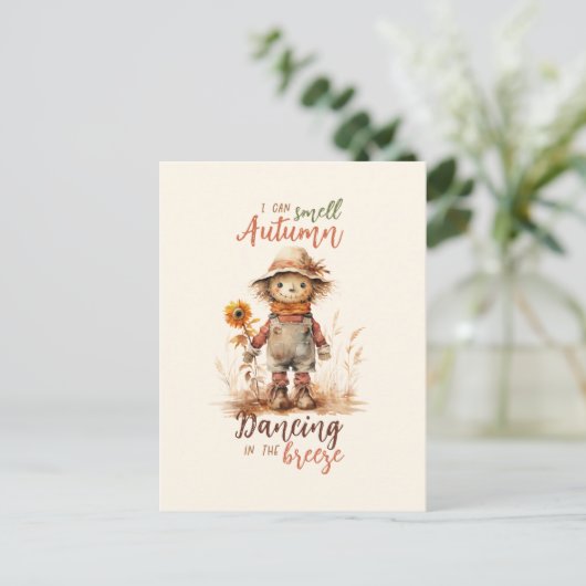 Ich kann Herbst riechen - rustikale Vogelscheuche Postkarte (Stehend Vorderseite)