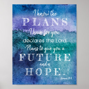 Ich kenne die Pläne Scripture Blue Lila Wasserfarb Poster