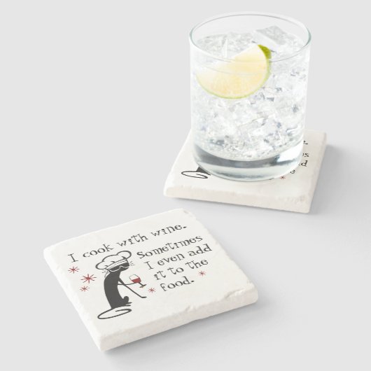Ich koche mit Wein Funny Zitat mit Chat Steinuntersetzer (Seitenansicht)