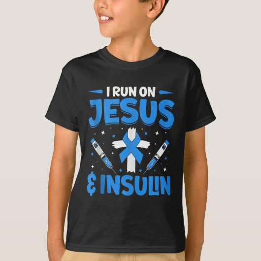 Ich laufe auf Jesus und Insulin am oberen Rand T-Shirt (Vorderseite)