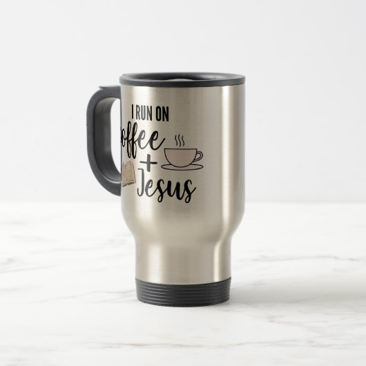 Ich laufe auf Kaffee und Jesus-Reise-Tasse Reisebecher (Vorderseite Links)
