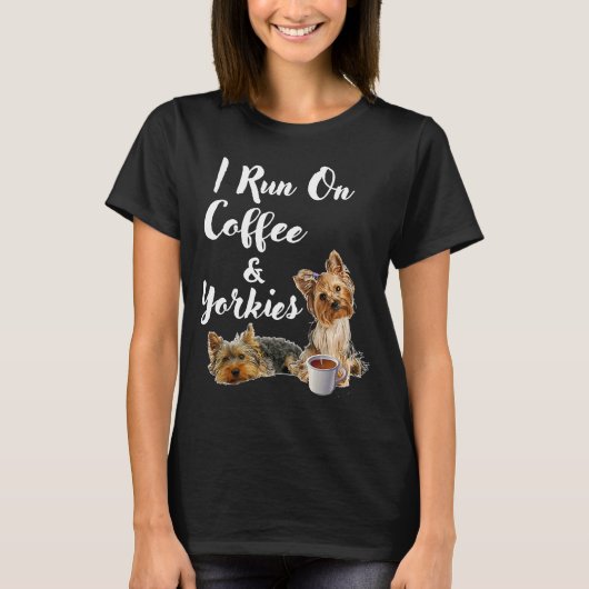 Ich laufe mit Kaffee und Yorkies T-Shirt (Vorderseite)