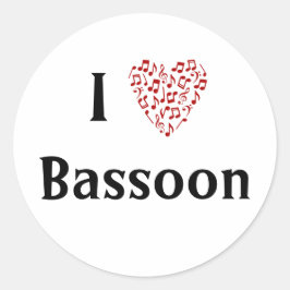 Ich Liebe Bassoon Red Heart of Musiknotens Runder Aufkleber