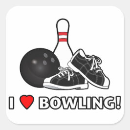 Ich Liebe Bowling mit Ball, Schuhen und Button Quadratischer Aufkleber