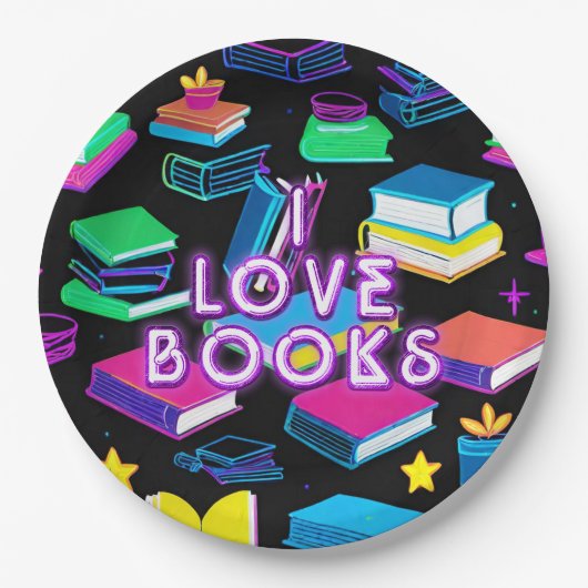 Ich Liebe Bücher farbenfroh Pappteller (Vorderseite)