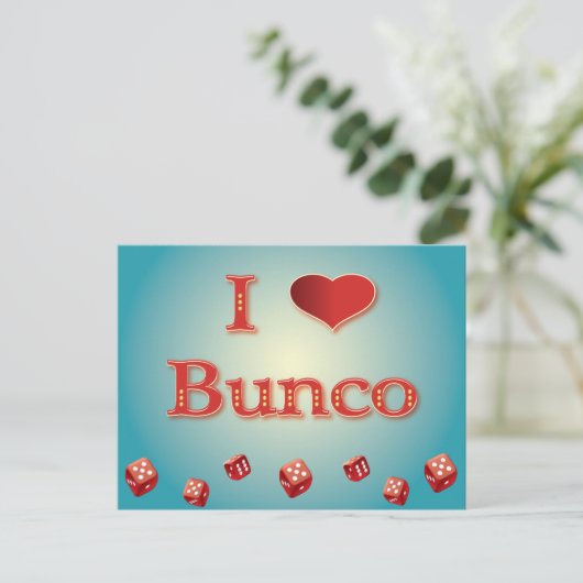 Ich Liebe Bunco in Rot mit roten Würfeln Postkarte (Stehend Vorderseite)
