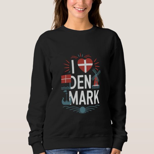 Ich liebe Dänemark-Flagge Windmühle Wikinger-Schif Sweatshirt (Vorderseite)