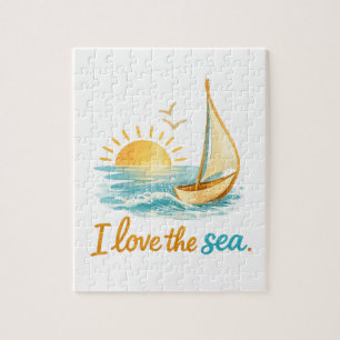 Ich liebe das Meer Segelboot Sonnenuntergang Ozean Puzzle