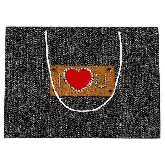 Ich Liebe dich. Black Denim Pattern Individuelle N Große Geschenktüte (Vorderseite)
