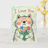 Ich liebe dich Karte Kritzel Katze (Gelbe Blume)