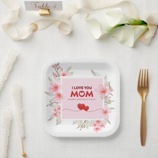Ich liebe dich, Mama: Elegante rosa florale Mutter Pappteller (Hochzeit)