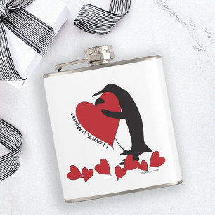 Ich liebe dich mehr! Pinguin und rotes Herz Flachmann