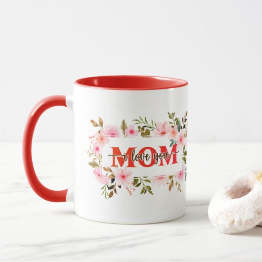 "Ich liebe dich MUTTER" Rosa Wasserfarben-Rosen Tasse (Mit Donut)