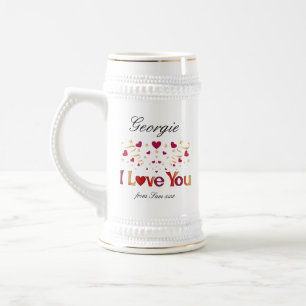 ICH LIEBE DICH Rotes Herz Goldene Schleife Vintage Bierglas