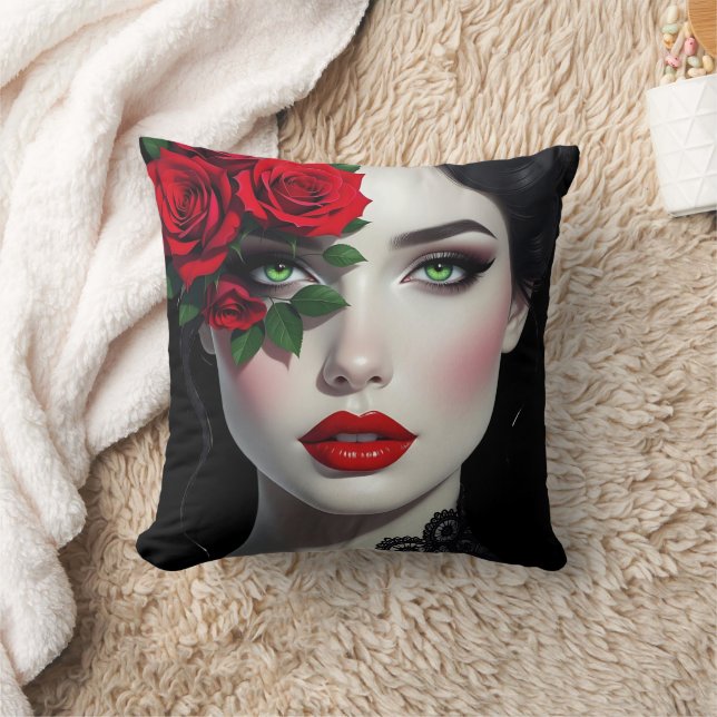 Ich liebe dich | Schöne Frau mit roter Rose Kissen (Decke)