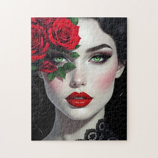 Ich liebe Dich | Schöne Frau mit roter Rose Puzzle (Vertikal)