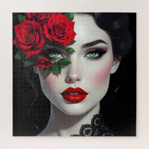 Ich liebe Dich Schöne Frau mit roter Rose Puzzle
